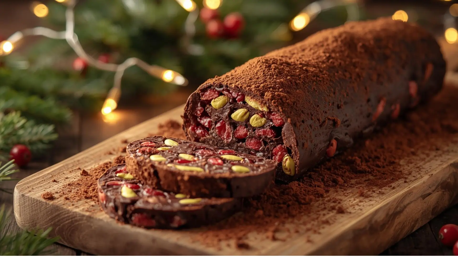 Christmas Chocolate Salami with Cranberries and Pistachios 1 Christmas Chocolate Salami with Cranberries and Pistachios